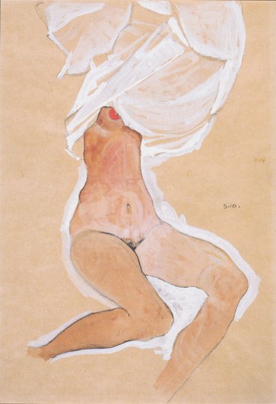 Sitzender Mädchenakt mit Hemd über dem Kopf von Egon Schiele